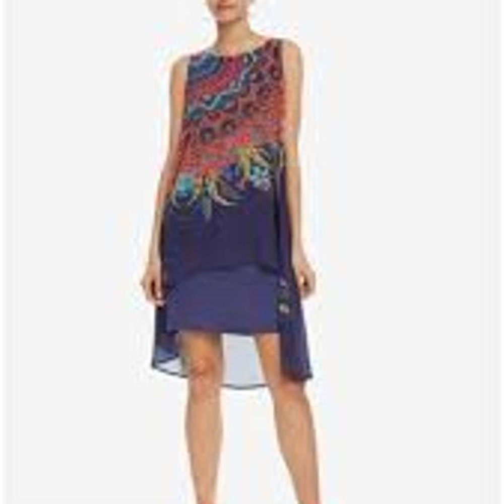 Desigual Adri Blue Floral‎ Chiffon Multilayer Hi-Low Shift Dress Size 36 XS